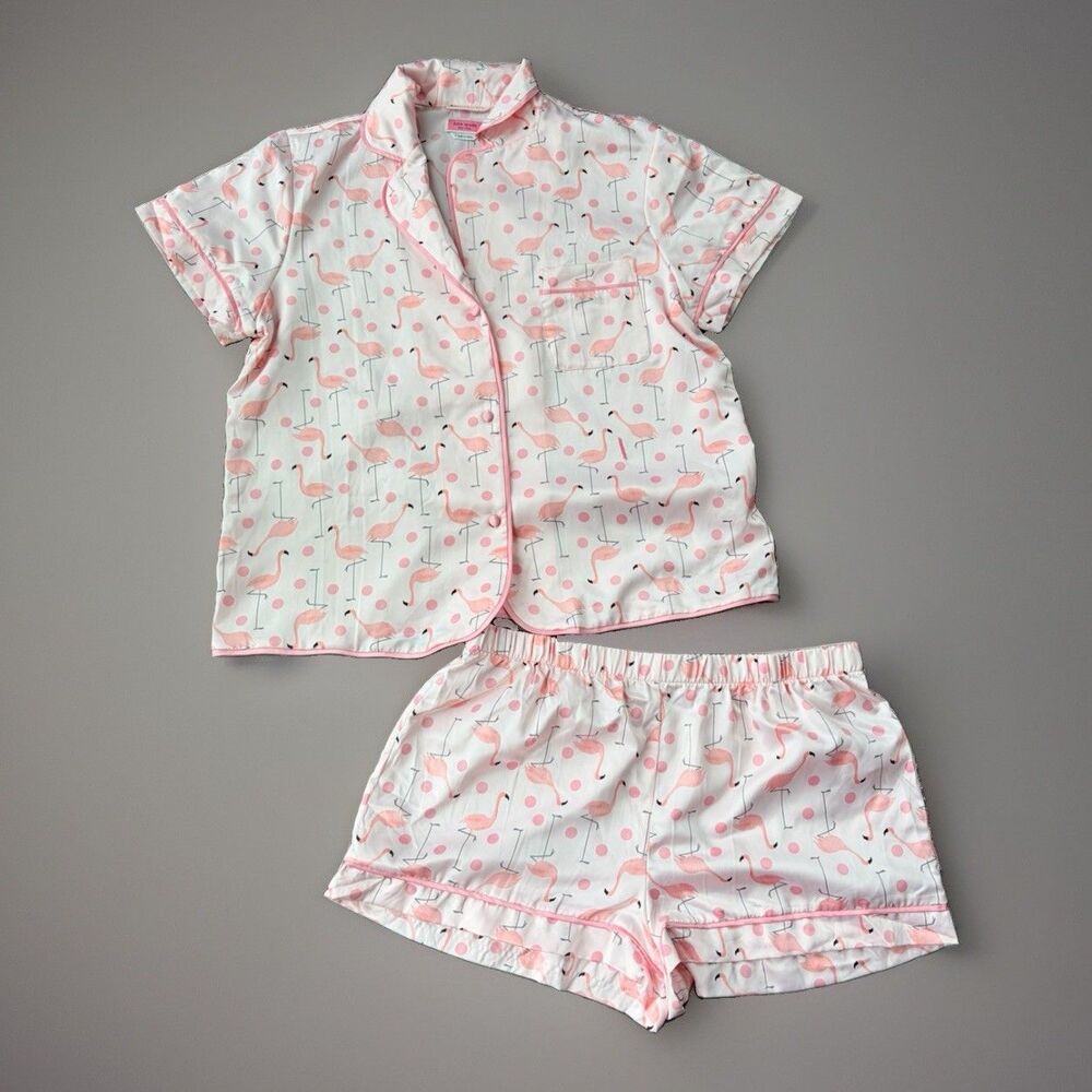Kate Spade Pink Flamingo Polka Dot Pajama Set Short Sleeve Shirt Shorts Large L